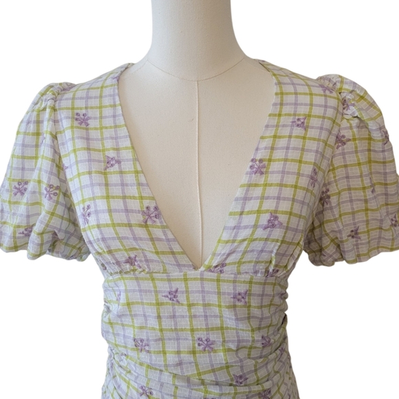 Zara Gingham Floral Ruched Mini Dress Size Small - Picture 3 of 7